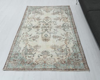 Tapis Oushak fait main, petit tapis turc, décor bohème vintage (3,7 x 6,6 pi), S-2391