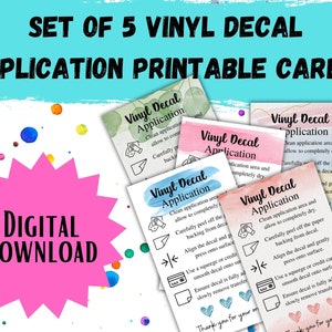 Set of 5 Vinyl Decal Application Instruction Printable Cards Digital Download