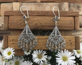 Kroonluchter filigraan damesoorbellen, geoxideerd 925 sterling zilveren oorbellen bungelen Boho, cadeau voor haar