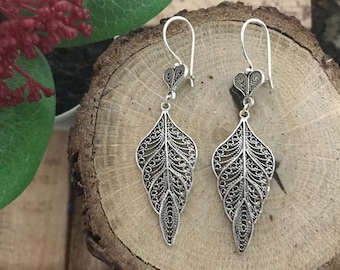 Leaf Filigree Earrings, 925 Sterling Silver Earrings Dangle Handmade Turkish Drop Earrings – Boho Vintage Style Jewelry for Women