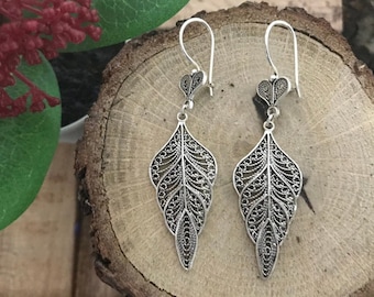 Leaf Filigree Women's Earrings, 925 Sterling Silver Earrings Dangle Boho, Best Gifts for Her