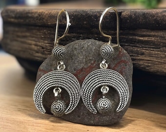 Half Moon Filigree Earrings, Oxidized 925 Sterling Silver Handmade Turkish Drop Earrings – Boho Vintage Style Jewelry for Women