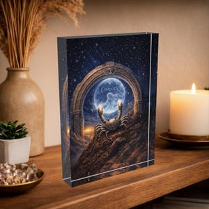 May include: A rectangular glass block featuring a Cancer zodiac design. The artwork depicts a crab on a rocky landscape under a starry night sky, with the word "Cancer" above. The block is displayed on a wooden surface.