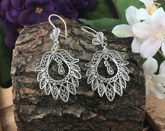 Leaf Filigree Earrings with Tiny Hearts, Oxidized 925 SterlingHandmade Turkish Drop Earrings – Boho Vintage Style Jewelry for Women