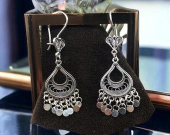 Kroonluchter filigraan damesoorbellen, geoxideerd 925 sterling zilveren oorbellen bungelen Boho, cadeau voor haar