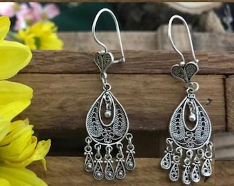 Filigree Earrings, Oxidized 925 Sterling Silver Earrings Dangle Boho Handmade Earrings – Boho Vintage Style Jewelry for Women