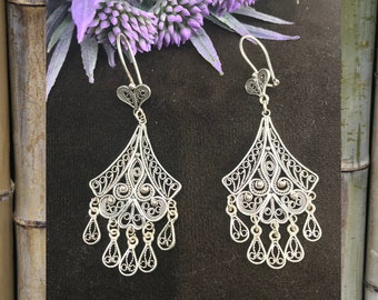 Chandelier Filigree Women's Earrings, Oxidized 925 Sterling Silver Earrings Dangle Boho, Gift for Her