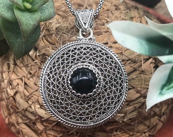 Round-Circle Filigree Necklace, Oxidized 925 Sterling Silver Pendant, Boho Vintage Style Jewelry for Women