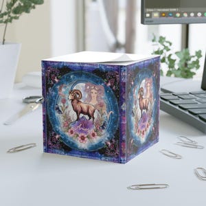 Astrology Note Cube, Aries Decor, Celestial Organizer, Zodiac Gifts, Desk Accessories, Spiritual Stationery