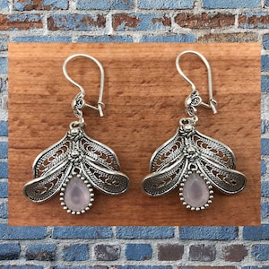 Filigree Earrings with Pink Stone, Oxidized 925 Sterling Silver Handmade Turkish Drop Earrings – Boho Vintage Style Jewelry for Women