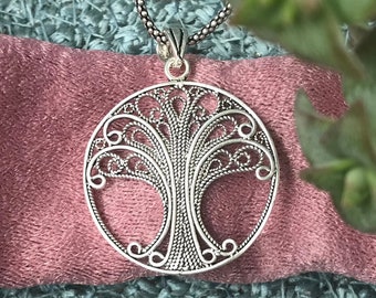 Tree of Life Filigree Necklace, Oxidized 925 Sterling Silver Pendant, Boho Vintage Style Jewelry for Women