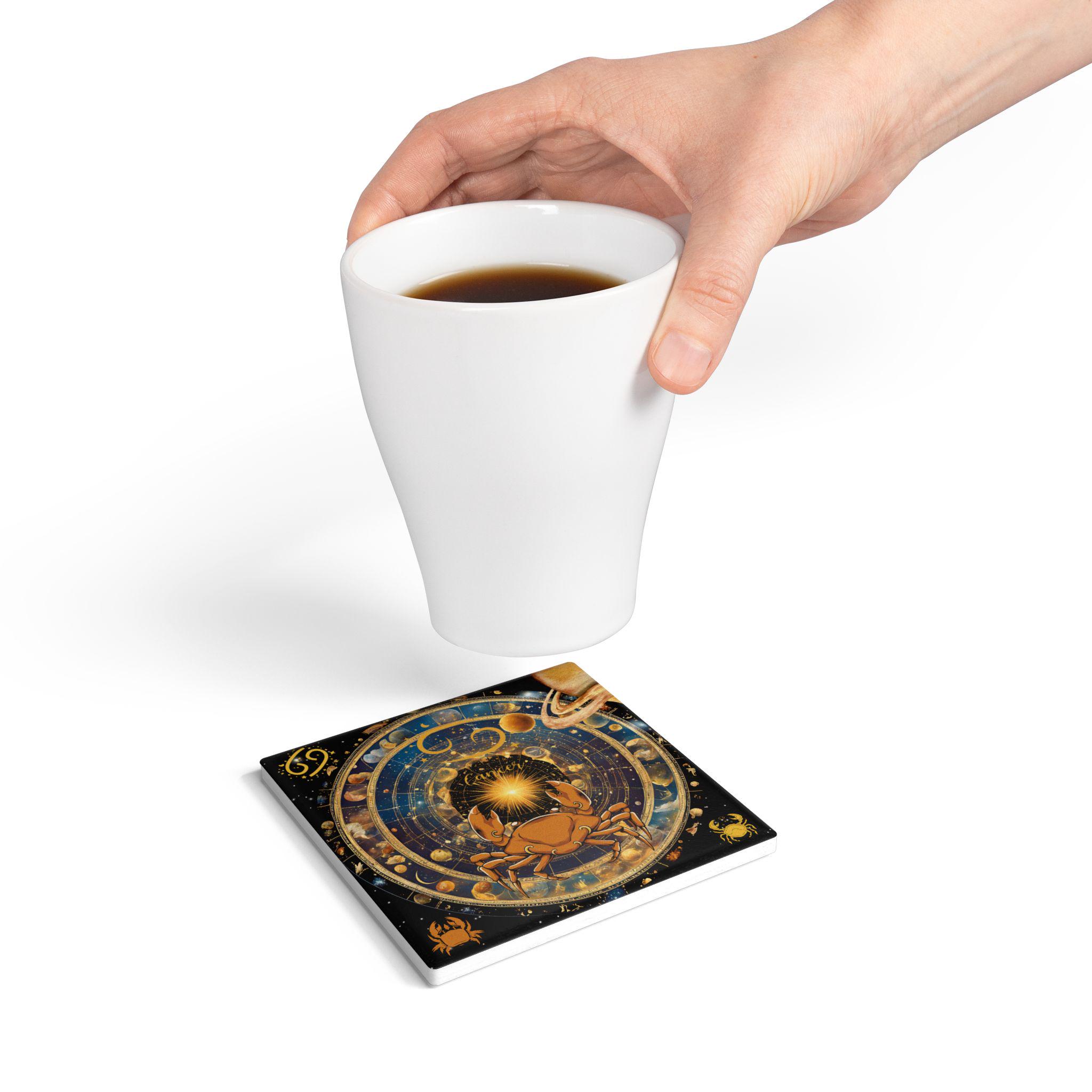 Zodiac Cancer Ceramic Coaster - Astrology Drinkware, Unique Gift for Cancer Season, Horoscope Decor, Celestial Home Accessories