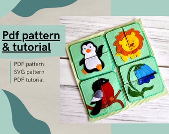 May include: A felt puzzle with four squares, each featuring a different animal or flower. The squares are green with white stitching. The animals include a penguin, a lion, and a bird. The flower is a blue bell. The text "Pdf pattern & tutorial" is at the top of the image. The text "PDF pattern, SVG pattern, PDF tutorial" is on the left side of the image.