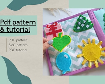 May include: A felt quiet book with various shapes, including a sun, a tree, a heart, a leaf, a balloon, and a gift box. The book is made of felt and has a chevron pattern. The text "Pdf pattern & tutorial" is visible on the image. The text "PDF pattern, SVG pattern, PDF tutorial" is also visible on the image.