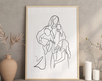 Mamma och barn linjeteckningar, nybliven mammapresent, mammalinjeteckningstryck, mors dag-present, graviditet, babyshower, mammakonst