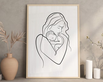 Impression de maman et bébé, nouveau cadeau de maman, cadeau de fête des mères, dessin au trait mère, dessin au trait maman, décor de mur de pépinière, Shower de bébé