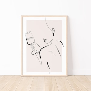 Line Art Woman, Wine Line Art ,Naked Woman, Body Print, Female Drawing , Female With Wine, Abstract , Minimalist Print