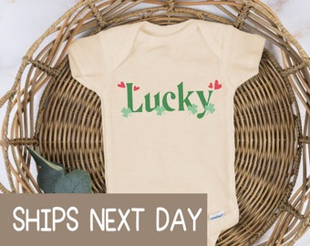 Lucky Baby Onesie®, Clover Baby Onesie®, Lucky Newborn Onesie®, St Patrick's Day Natural Bodysuit.