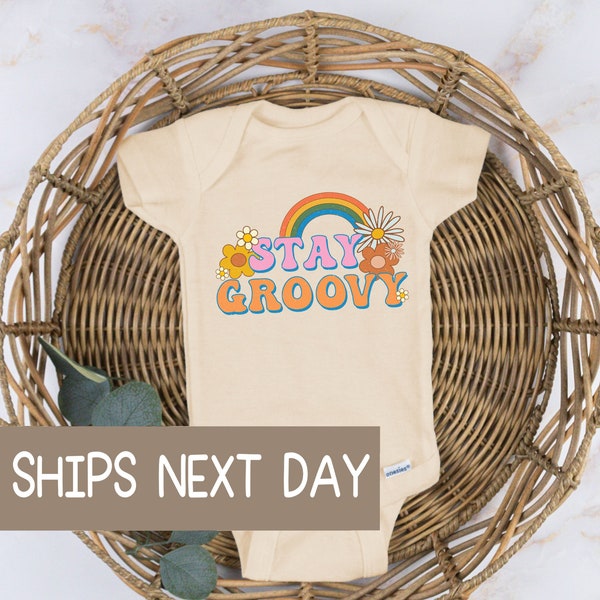 Retro Stay Groovy Baby Onesie®, Boho Baby Bodysuit®, Rainbow Baby Bodysuit®, Summer Natural Baby Onesie®, Positive Baby Gift. Hippie Tee.