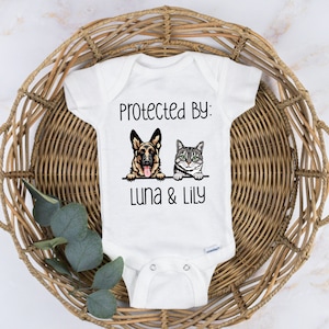 Baby Shower Gift, Protected by Pets Onesie®, Custom Dogs and Cats Onesie®, Personalized Baby Gift, Custom Dog and Cat Breeds, Baby Gift. image 2