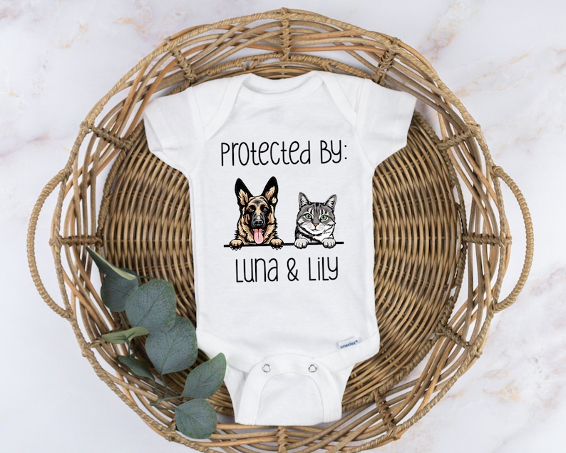 Baby Shower Gift, Protected by Pets Onesie®, Custom Dogs and Cats Onesie®, Personalized Baby Gift, Custom Dog and Cat Breeds, Baby Gift. image 2