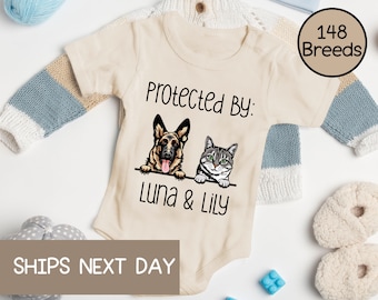 Baby Shower Gift, Protected by Pets Onesie®, Custom Dogs and Cats Onesie®, Personalized Baby Gift®, Custom Dog and Cat Breeds Onesie®.