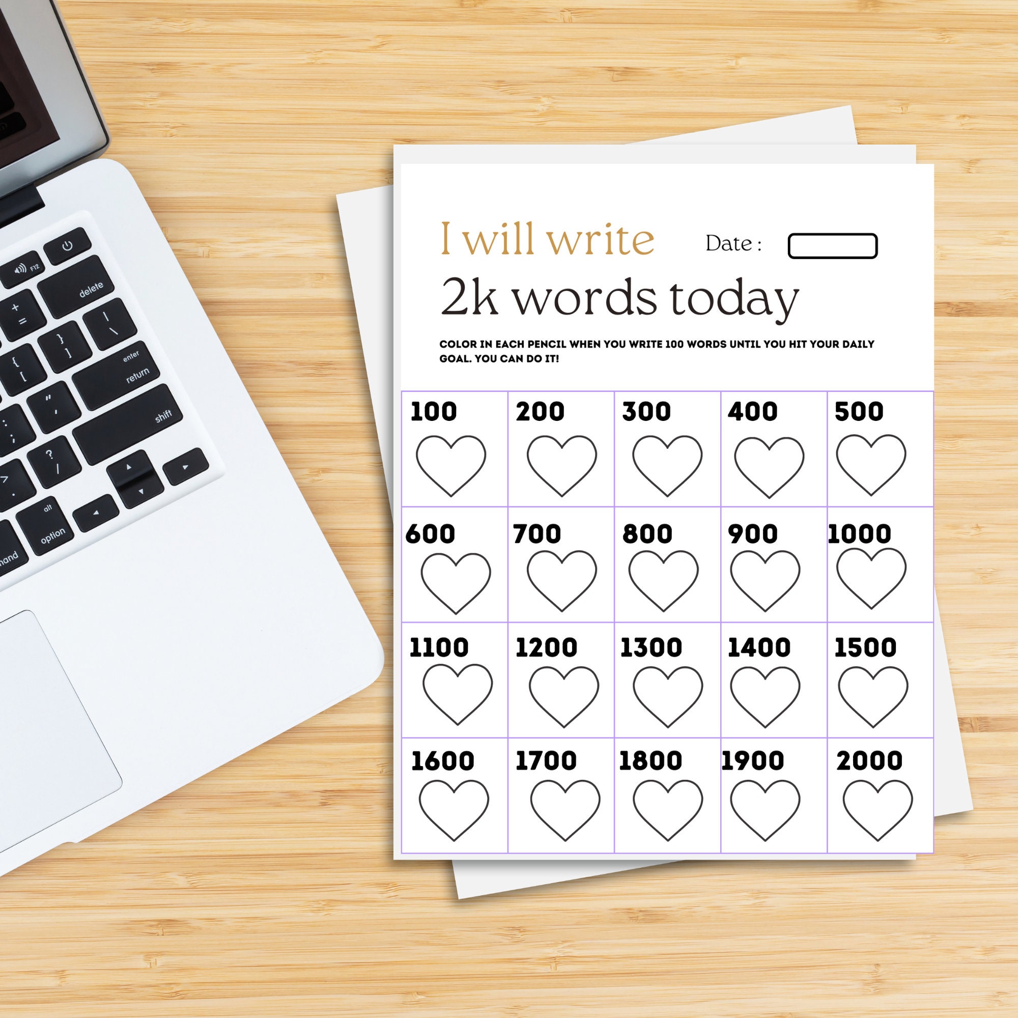 2k a Day Word Count Printable Tracker With Hearts | Writing Tools ...