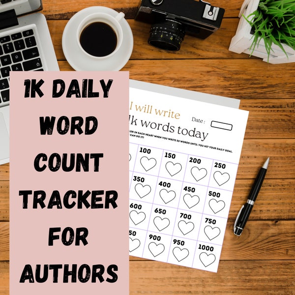 1k a Day Word Count Printable Tracker with Hearts | Writing tools | Printable PDF | Instant Download | Novel Writing | NaNoWriMo tool