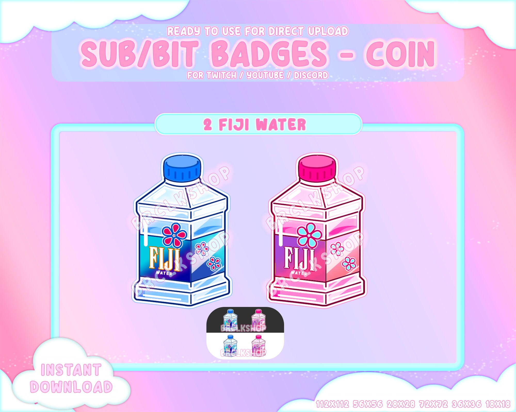 2 Fidji Water Bottle Twitch Coin Emotes / Channel Points / Cute Pastel / Streamer Graphics / Gamer / Sub Bit Badge / Fidji Emotes