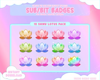 May include: Twelve shiny lotus flower badges in various colors, including red, orange, yellow, green, blue, purple, and pink. The badges are designed for use on Twitch, YouTube, and Discord.