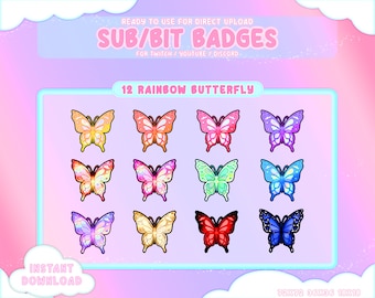 Puede incluir: Doce insignias de suscripción de Twitch, YouTube y Discord con forma de mariposa arcoíris. Las insignias son de varios colores, incluidos rojo, azul, verde, amarillo y morado. Las insignias tienen todas la forma de una mariposa con un diseño de arcoíris.