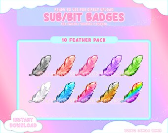 10 Feather Sub/Bit Badges  /  Shiny Collection / Kawaii / Streamer / Feather/ Sparkle / Neon / Shiny / Animal Sub Badges / Feather Emote