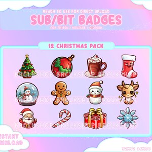 Pakiet 12 emotikon/odznak świątecznych |Odznaka świąteczna |Twitch Youtube Discord | Urocze postacie Chibi | Okres świąteczny | Święty Mikołaj | Jeleń
