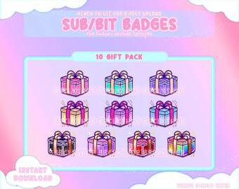 10 Giftbox Twitch Sub/Bit Badges / Kawaii / Streamer / Shiny / Gift / Neon / Sparkle / Giftbox / Pride / Emote / Twitch Sub Badges