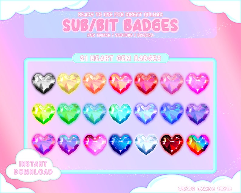 20 Heart Gem Sub/bit Badges / Heartgem Collection / Kawaii / Streamer