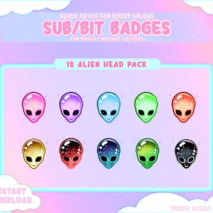 Puede incluir: Doce ilustraciones de cabezas de extraterrestres de colores con detalles brillantes. Estas insignias digitales están listas para usar en Twitch, YouTube o Discord.