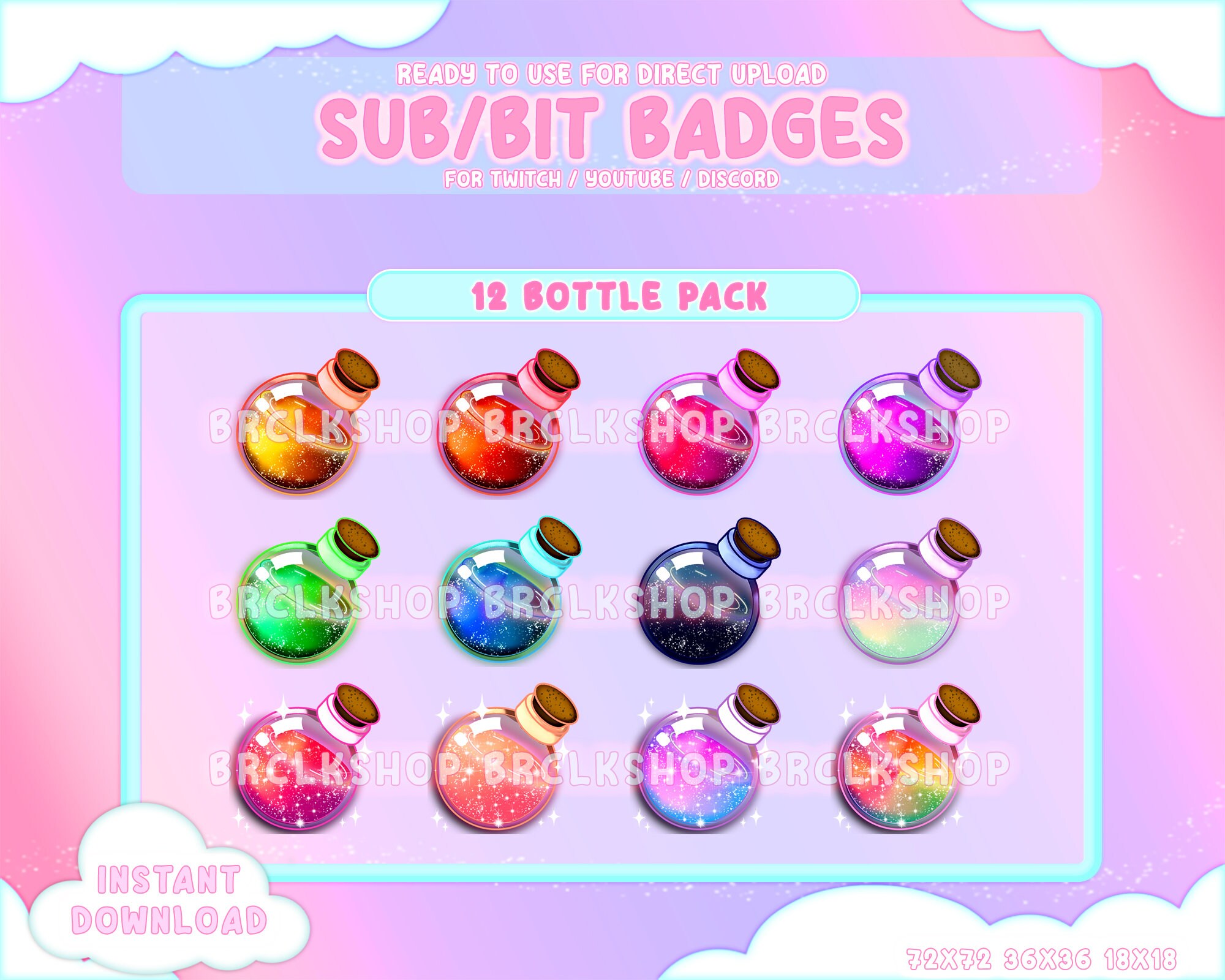 12 ボトル サブ/ビット バッジ / ギャラクシー / かわいい / ストリーマー / ポーション / ハート / ドリンク ボトル / ネオン /  光沢 - Etsy 日本