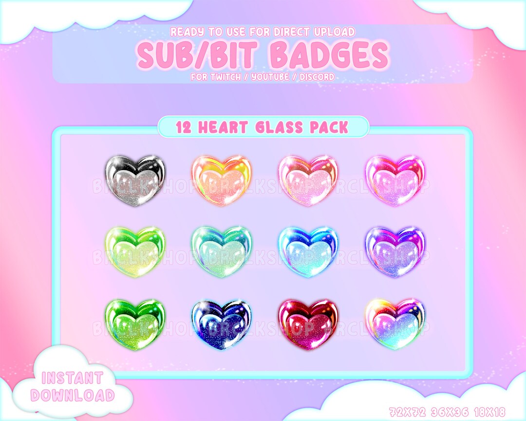 12 Glass Heart Sub/bit Badges / Heartgem Collection / Kawaii / Streamer