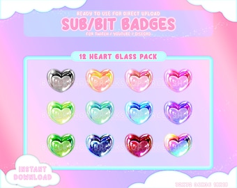 12 Glass Heart Sub/Bit Badges / Heartgem Collection / Kawaii / Streamer / Heartstone / Heart / Glass Heart /Neon/ Shiny Heart / Glossy Heart