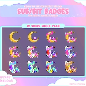 12 Shiny Moon Twitch Sub Bit Badges / Colored Shiny Moon / Colored Moon / Sparkle / Moon / Sub Badges / Bit Badges / Star Badges / Neon Moon