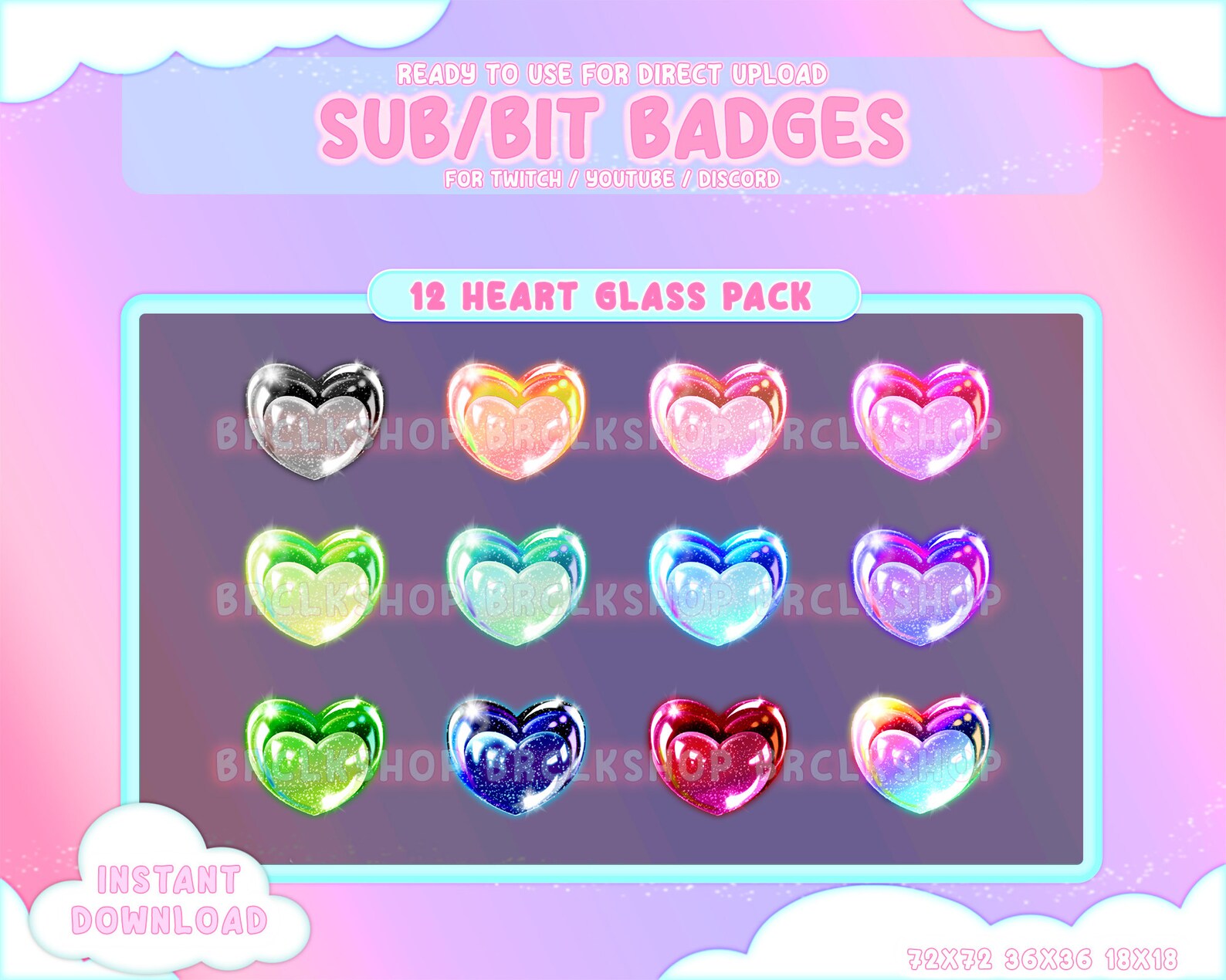 12 Glass Heart Sub/bit Badges / Heartgem Collection / Kawaii / Streamer