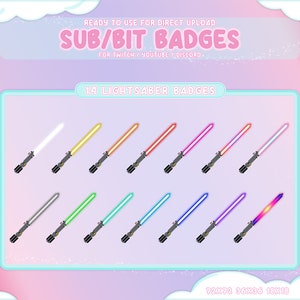 Paquete de 14 insignias secundarias de Twitch, sables de luz de colores de píxeles