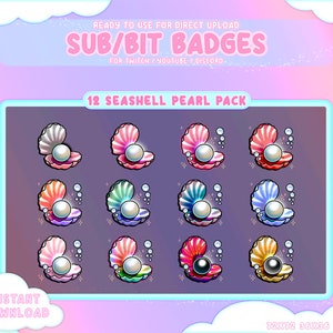 May include: Twelve digital badges featuring a seashell with a pearl inside. The seashells are in various colours, including pink, blue, green, and yellow. The badges are designed for use on Twitch, YouTube, and Discord.