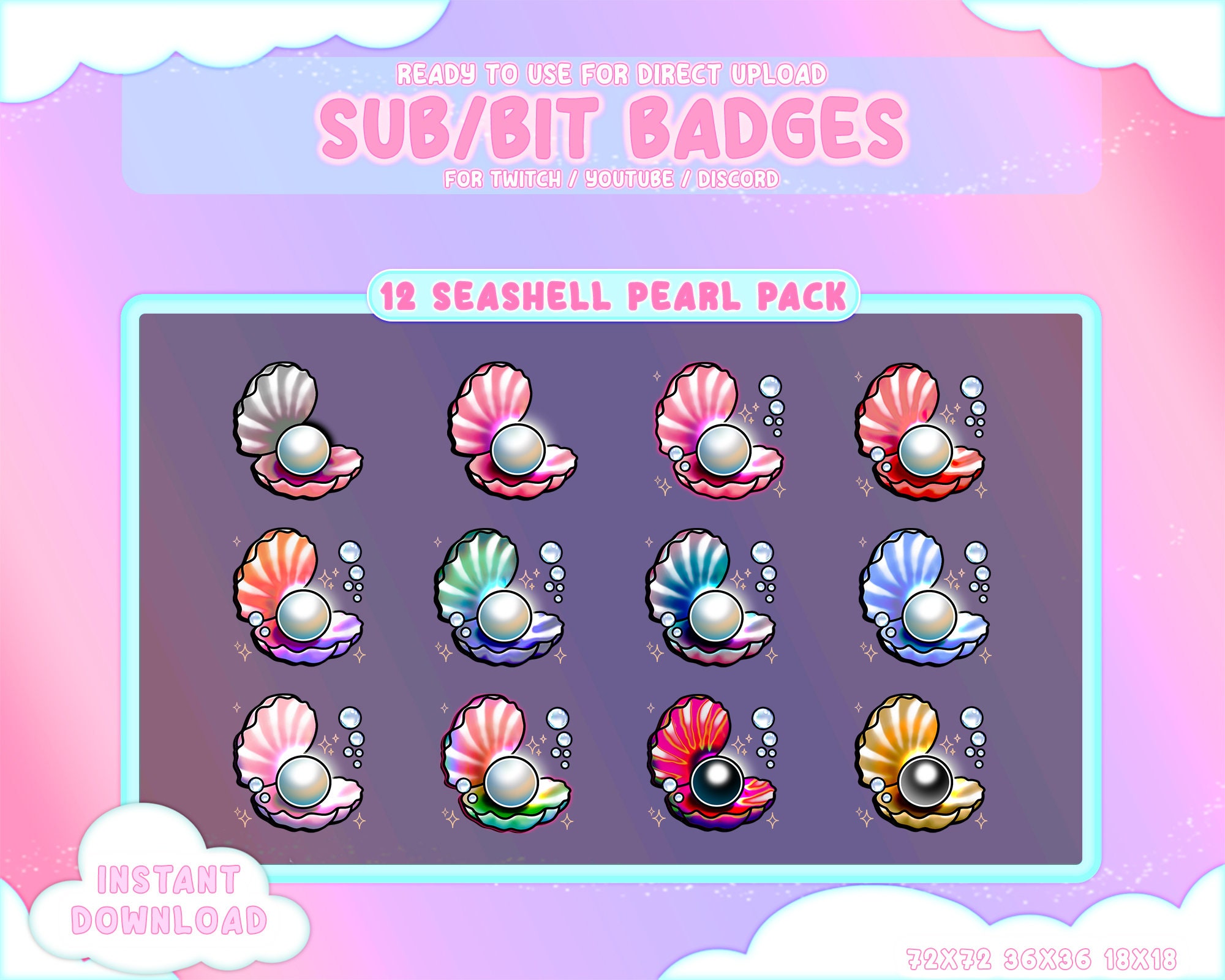 Sub Pypriform Sea Shell 12 Twitch Sub Bit Badges Colored Seashell Pearl Pack / Sub Badges / Bit ...