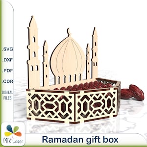 Planos de corte láser para bandeja de caja de Ramadán SVG DXF - Archivo de caja de bandeja de servicio de corte láser para postres, pasteles y bocadillos de Eid Mubarak, archivo CNC de Ramadán Kareem