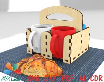 Lasercut files Coffee Mug Cup Carrier, Tabletop Mug Holder, Cup Holder, Wood Coffee Mug Holder. Vector CNC DXF files for laser cutting wood.