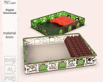 SVG files Eid Ramadan Dessert Tray laser cut. Ramadan Mubarak Dessert Pastry Party Serving Tray home decoration.