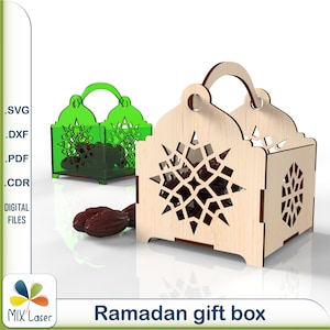 Szablony cięcia laserowego pudełek prezentowych na Eid Ramadan w formacie SVG - Kosz Glowforge Ramadan Mubarak na suszone owoce, przekąski i słodycze, plany cięcia CNC w formacie DXF.