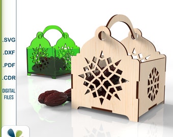 Modèles de découpe laser pour boîte cadeau Eid Ramadan SVG - Panier Glowforge Ramadan Mubarak pour fruits secs, collations et bonbons Plans de découpe DXF CNC.