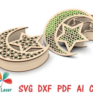 Caja de regalo de Ramadán Mubarak con luna y estrellas cortada con láser. Archivos de diseño láser para dulces, cajas de Eid para Ramadán. Archivos de corte islámicos para cajas de vectores DXF y SVG.
